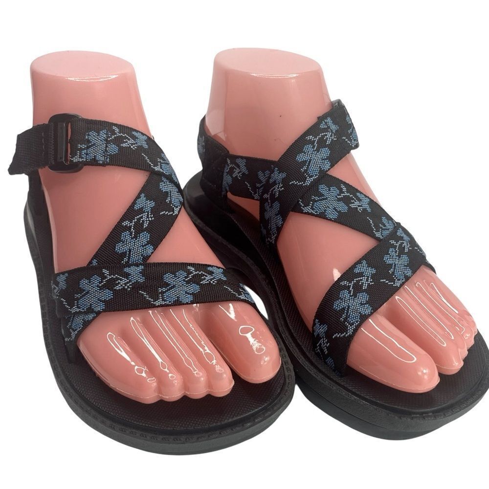 Ellemenno Delta Wm’s Sz 5 Blue Black Floral Strappy Chunky Adjustable Sandals